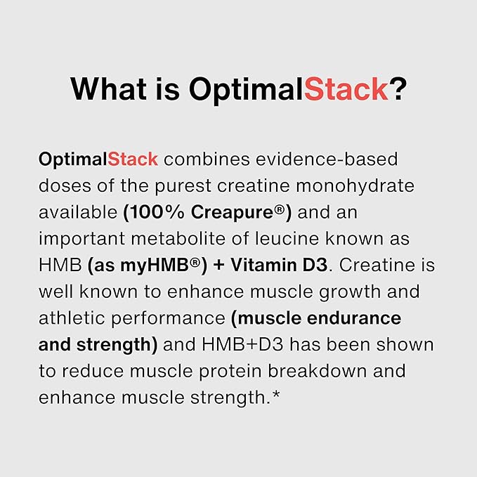 OptimalStack Creatine Monohydrate, HMB, & Vitamin D3 Stack | with Creapure Creatine, Clinical Dosage of myHMB, and Vitamin D3 | NSF for Sport Certified | Unflavored, 30 Servings