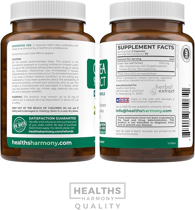 Green Tea Extract Capsules 98% with EGCG - 180 Count (Non-GMO) for Natural Metabolism Boost - Leaf Polyphenol Catechins - Antioxidant Supplement - Green Tea Pills - 1000mg (500mg per Capsule)