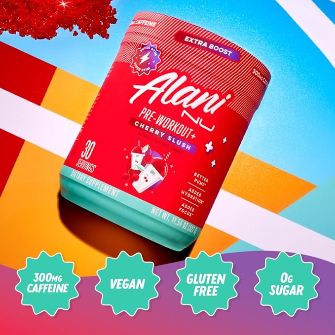 Alani Nu Pre Workout+ Powder Cherry Slush, Extra Boost, Sugar Free, 300mg Caffeine, L-Theanine, Beta-Alanine, Citrulline, 30 Servings