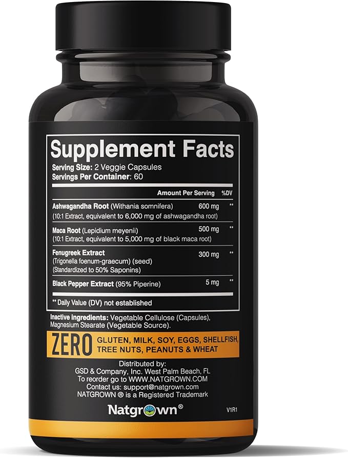 Natgrown Ashwagandha Maca Root Fenugreek Extract Capsules Supplement for Men & Women - Vegan Pills - (120 Count)