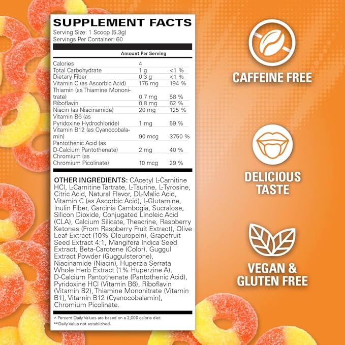 EHP Labs OxyShred Non Stimulant Pre Workout Powder - Stim Free Pre Workout, Caffeine Free Preworkout for Men & Women with L Glutamine & Acetyl L Carnitine - Peach, 60 Servings
