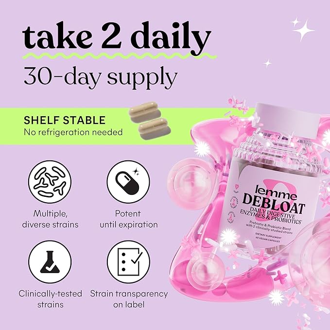 Lemme Debloat 3-in-1 Prebiotic, Probiotic & Digestive Enzyme Capsules for Bloating & Gas Relief - 2 Clinically Studied Probiotics w/5 Digestive Enzymes to Improve Digestion, Women & Men, (60 Count)