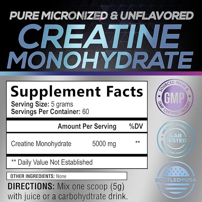 Creatine Nutritional Powder Supplements 5000mg (5g) - Pure Micronized Creatine Monohydrate Unflavored, Keto Friendly - Creatine Supports Muscle Growth & Strength, Vegan, Gluten-Free - 60 Servings