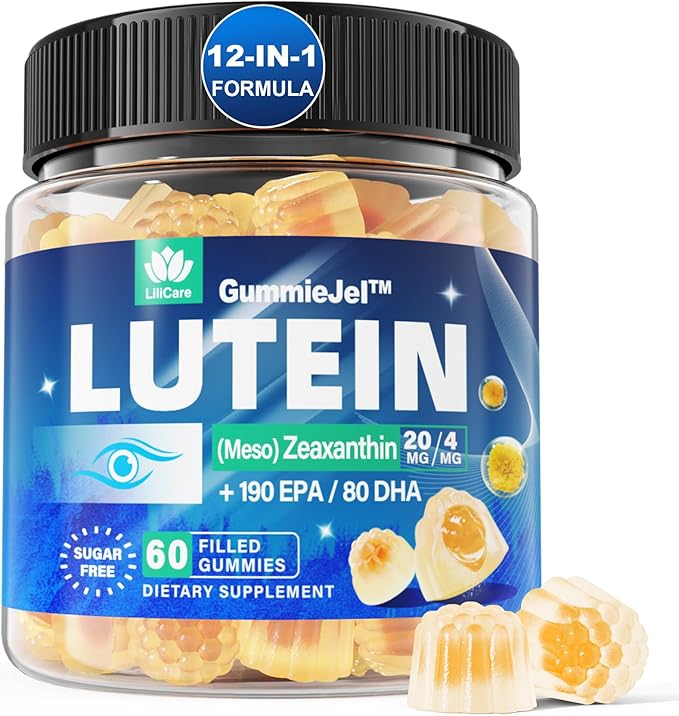 Sugar Free Lutein 20mg 40mg and Zeaxanthin Gummies for Eyes with Omega 3 (EPA 190mg & DHA 80mg), Eye Vitamins Filled Gummies Plus Bilberry, Goji Berry & Saffron, Vegan - 60 Count (Pack of 1)
