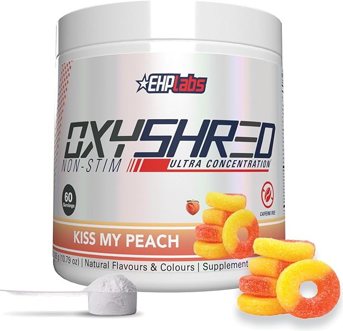EHP Labs OxyShred Non Stimulant Pre Workout Powder - Stim Free Pre Workout, Caffeine Free Preworkout for Men & Women with L Glutamine & Acetyl L Carnitine - Peach, 60 Servings