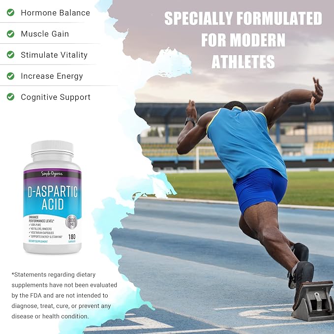 D-Aspartic Acid Supplement, No Gluten, Binders or Fillers, Dietary Pills for Energy Support, 3000mg D-Aspartic Acid per Serving, 180 Non-GMO Vegan Capsules