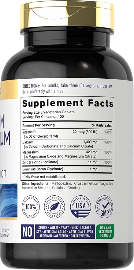 Carlyle Calcium Magnesium Zinc Vitamin D3 Supplement with Boron | 300 Caplets | Vegetarian, Non-GMO