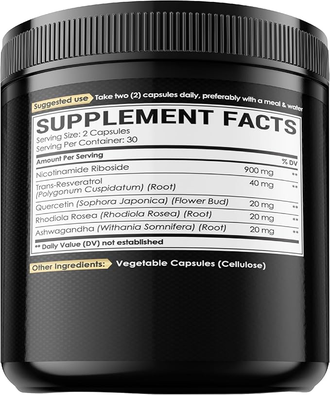NAD+ Supplement with Nicotinamide Riboside, Resveratrol, Quercetin, Turmeric, Rhodiola Rosea - 60 Count