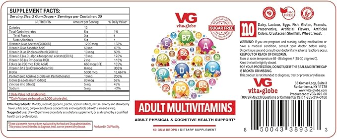 Adult Multivitamin Gummy with Vitamin C, Vitamin D Vitamin E, Niacin, Vitamin B6, Folate, Vitamin B12 Biotin, Pantothenic Acid, Sodium, Inisitol, 60 Count (Sugar-Free)