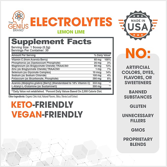The Genius Brand - Genius Electrolytes Powder Drink Mix, Lemon Lime, 30 Servings - Hydration Booster & Supplement with Potassium, Magnesium & Zinc - Sugar Free & No Artificial Sweeteners or Dyes