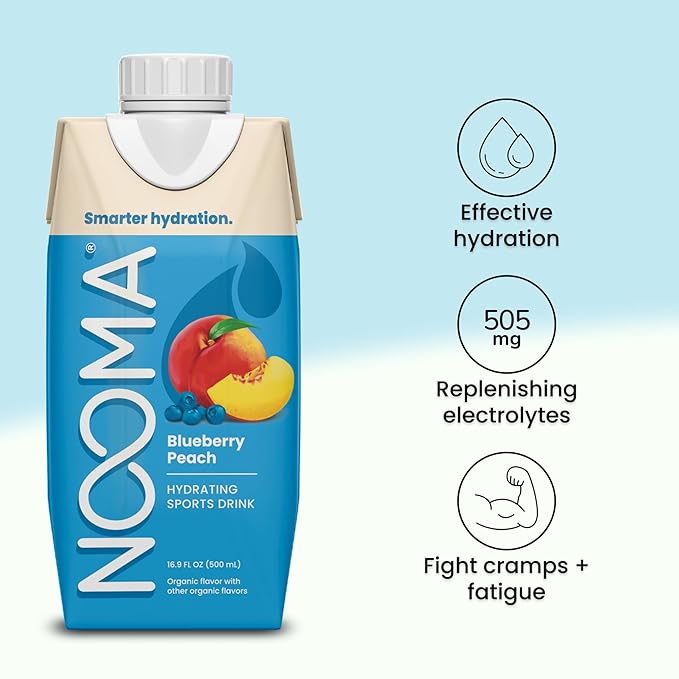 NOOMA - Hydrating Sports Drink - Electrolyte Drink with Organic Coconut Water - Organic & No Added Sugars - Rapid Hydration - 30 Calories & 505mg Electrolytes - Blueberry Peach - 12 Pack (16.9oz each)