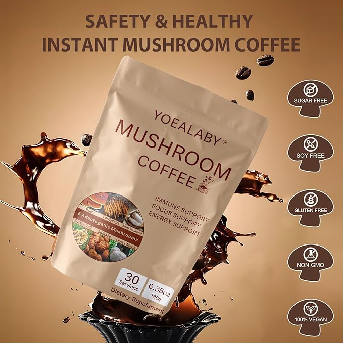 Mushroom Coffee,Organic 6 Adaptogenic Mushrooms Cordyceps, Reishi, Lion's Mane - Enhanced with MCT Oil, Non-GMO Instant Coffee - 180g, 30 Servings - Enhances Focus, Energy & Immunity
