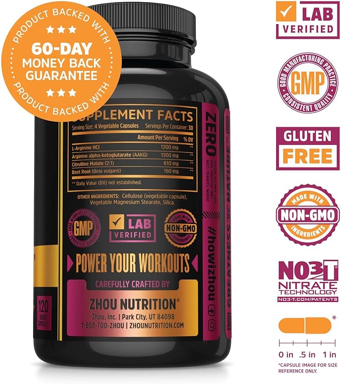 Zhou N.O. Pro - Premium Nitric Oxide Supplement for Men & Women, Heart, Muscle & Blood Support with Beet Root & L Arginine, Natural Nitric Oxide Booster - 120 Veggie Capsules