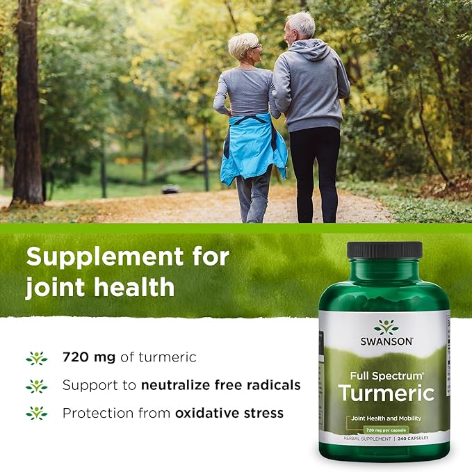 Swanson Turmeric Antioxidant, Joint Health, Cardiovascular, Liver Detox, Mood and Memory Support Supplement Curcuma Longa (Rhizome) 720 mg, 240 Capsules, 120 Servings, 1.44 Grams per Serving