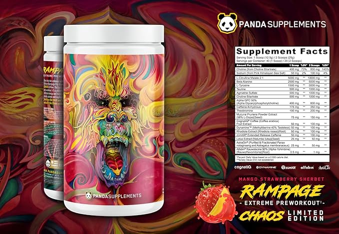 Underground Bio Labs™ Panda Supps: Rampage Chaos, Extreme Pre-Workout, High Stim, Maximum Pump, Focus, and Energy (Strawberry Mango Sherbet) (40 Servings)