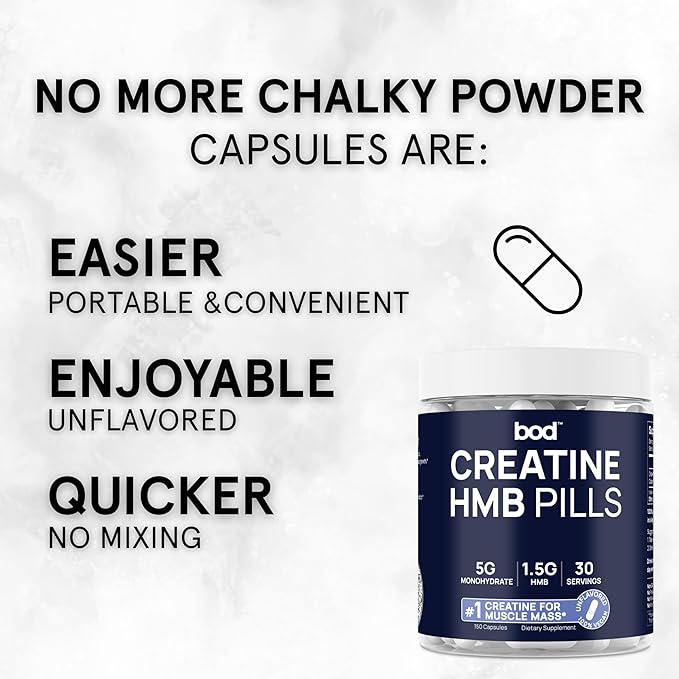 BOD Creatine Capsules Pills for Muscle Support, Endurance, No Bloat, No Load, Unflavored Creatine for Women and Men, Vegan, (Creatine HMB Capsules)