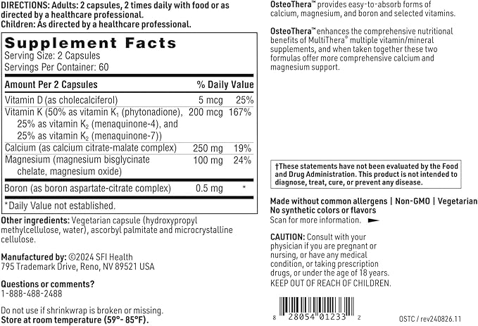 Klaire Labs Osteothera Capsules - Hypoallergenic & Multifactorial Bone Support Formula with Calcium, Vitamin K, D3, Magnesium & Boron (120 Capsules)