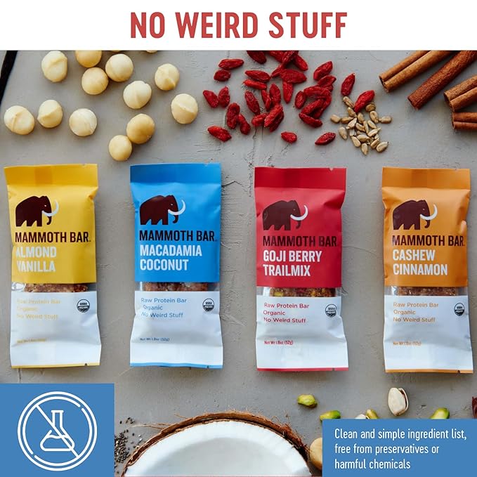 Mammoth Bar Variety Pack – 10 Organic Protein Bars – Prebiotic • Paleo • Gluten Free • Egg Protein • GMO Free • Raw • Premium Nuts