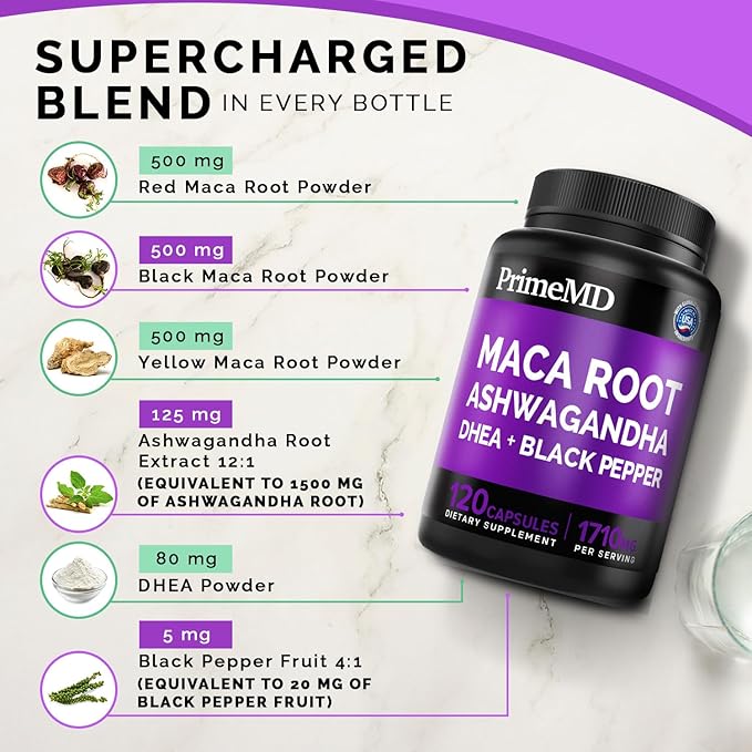 6-in-1 Organic Maca Root Ashwagandha Capsules 1710mg with DHEA and Black Pepper Fruit Extract for Women and Men - Black Maca Supplement for Stamina, Bone and Mood Support Supplement, 120 count