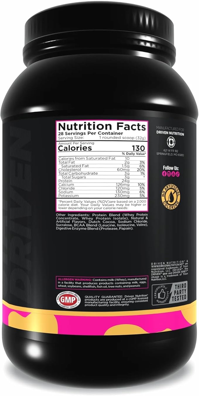 Driven WHEY- Grass Fed Whey Protein Powder: Delicious, Clean Protein Shake- Improve Muscle Recovery with 23 Grams of Protein with Added BCAA and Digestive Enzymes (2 lb, Caramel Latte)