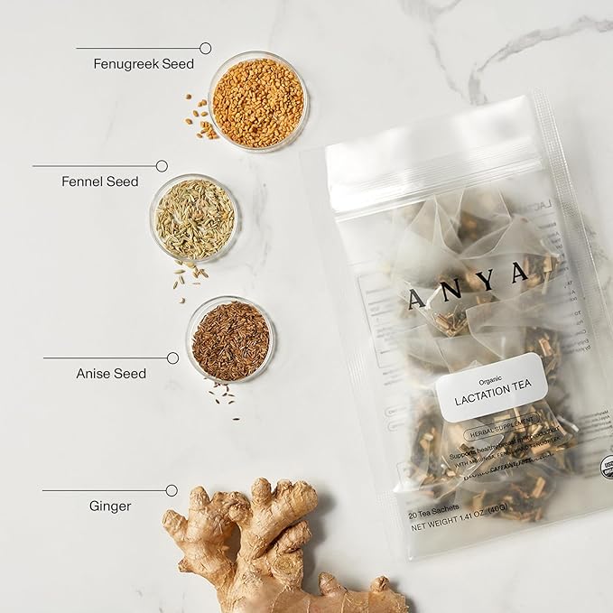 ANYA Herbal Lactation tea, 20 bags - Ginger, Moringa, Fenugreek, Toxicologist-approved, Breastfeeding Safe. Organic Essentials hydration for postpartum Moms, Breastmilk production Nursing support Baby Shower Gifts