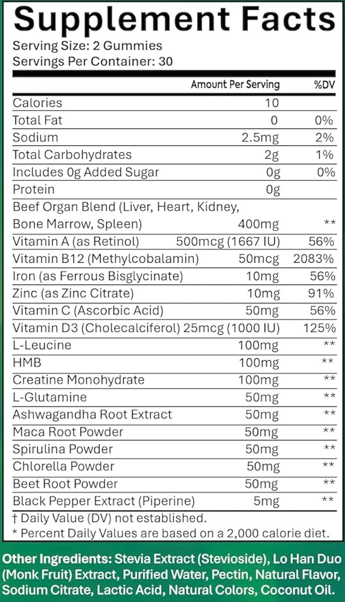 Sugar Free Grass-Fed Beef Organ Supplement Gummies with HMB, Leucine, Vitamin A, B12, C, D3 Supports Muscle Growth, Cognitive Function, Energy, Detoxification Desiccated, Pasture Raised, Grain Free