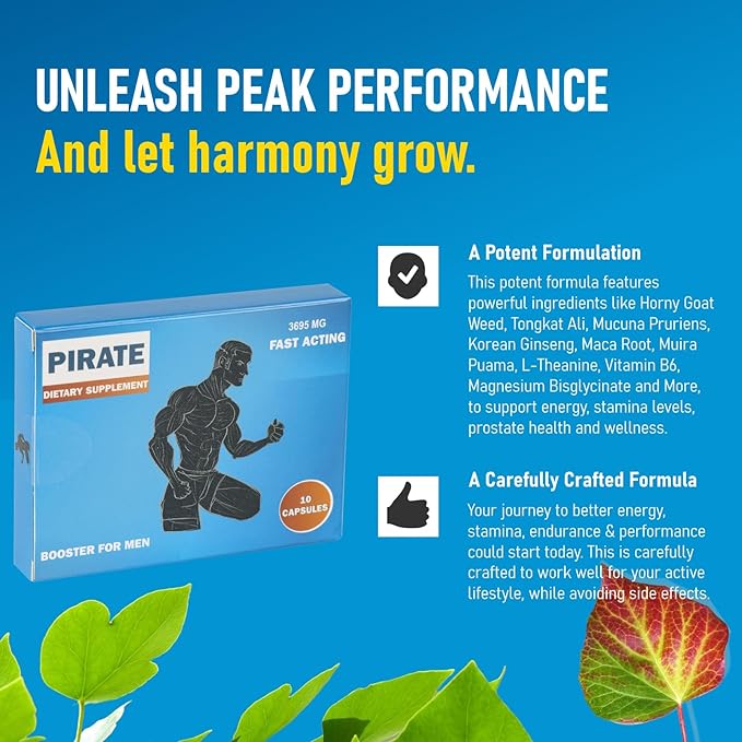 Pirate Herbal Male Supplement for Men – Fast Acting Energy & Stamina Booster with Horny Goat Weed, Maca Root, Tongkat Ali, Muira Puama & Vitamin B6 – Supports Endurance, Performance & Vitality