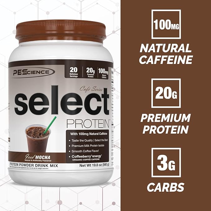 PEScience Select Cafe Protein, Iced Mocha, 20 Servings, Coffee Flavored Whey and Casein Blend with Caffeine