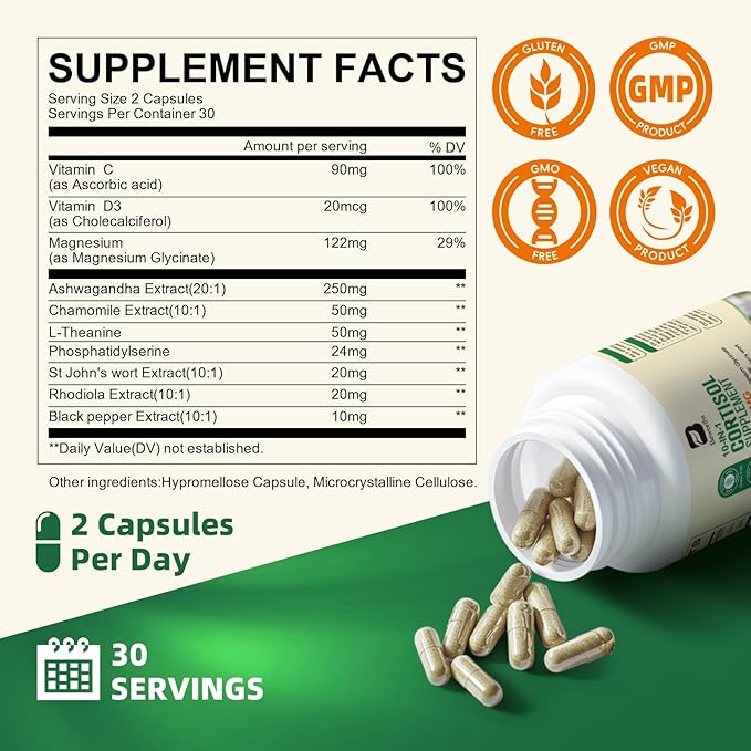 Cortisol Supplements for Women, 10-in-1 Cortisol Reducer Manager Supplements with Ashwagandha, Magnesium Glycinate, L-Theanine, Rhodiola, Non-GMO, 60 Vegan Capsules
