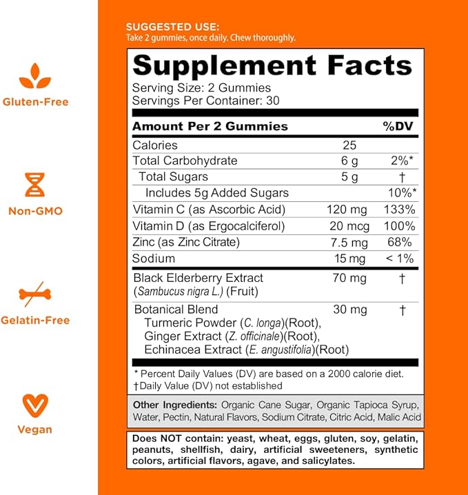 Goli Immune Vitamin Gummy - 60 Count - Elderberry, Vitamin C, D & Zinc, Vegan, Non-GMO, Gluten-Free & Gelatin-Free, Pack of 1
