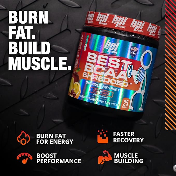 BPI Sports Best BCAA Shredded - Caffeine-Free Thermogenic Recovery Formula - BCAA Powder - Lean Muscle Building - Accelerated Recovery - Weight Loss - Hydration - Fruit Punch - 25 Servings - 9.7 oz.