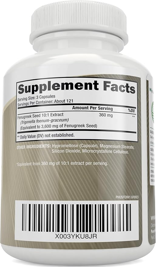 Purely Holistic Fenugreek Capsules 3600mg - 365 Vegan Capsules - Lactation Supplement - from Fenugreek Seeds - Concentrated x10 Extract - Non GMO for Women & Men