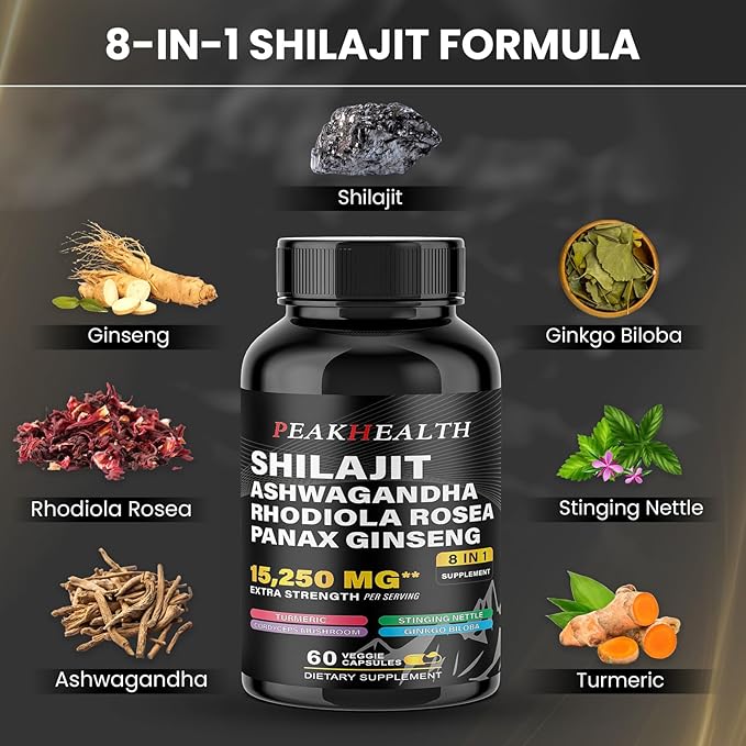 Shilajit + Sea Moss Capsules Bundle – 2 Bottle Combo with Ashwagandha, Panax Ginseng, Rhodiola & Black Seed Oil – 19,445mg Herbal Formula – Energy & Immune Support – 60 Capsules Each,Easy to Swallow