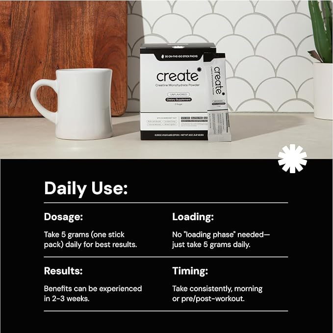 Create Single Serve Creatine Monohydrate Powder – 5g Creapure Creatine | Redefining Strength, Energy & Recovery | Sugar-Free, Vegan, Non-GMO | Unflavored, Lightly Sweetened, 0 Calories | 30 Packets