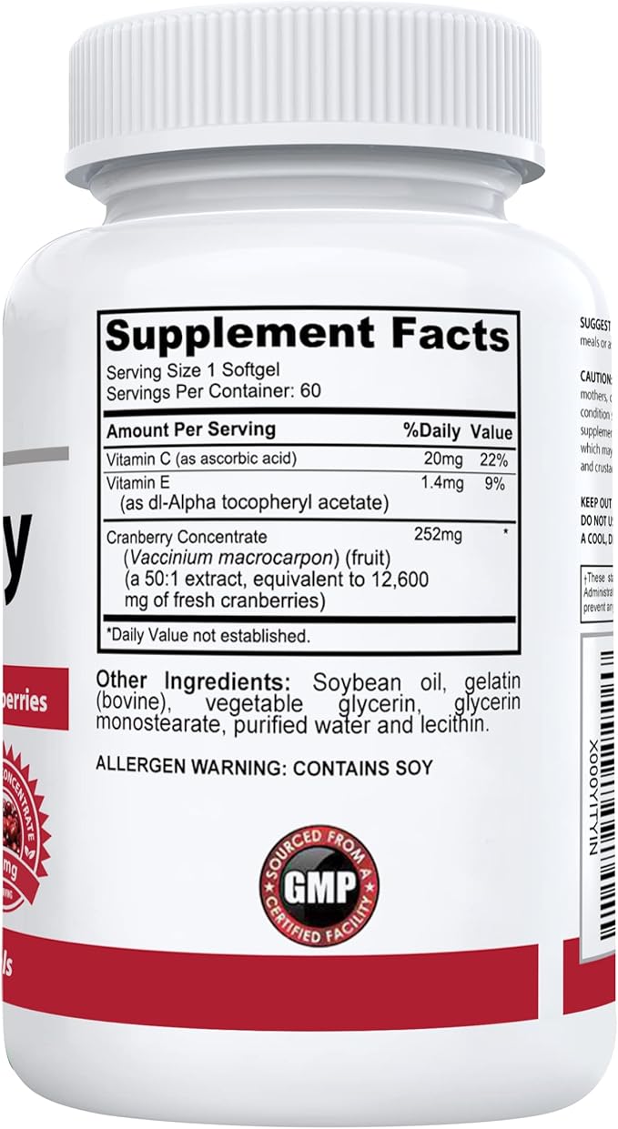 #1 Cranberry Extract Supplement for Bladder & Urinary Tract Support | 12,600 mg of Fresh Cranberries, Vitamin C & E and Polyphenols | Lab Tested & Easy to Swallow | 60 Softgels
