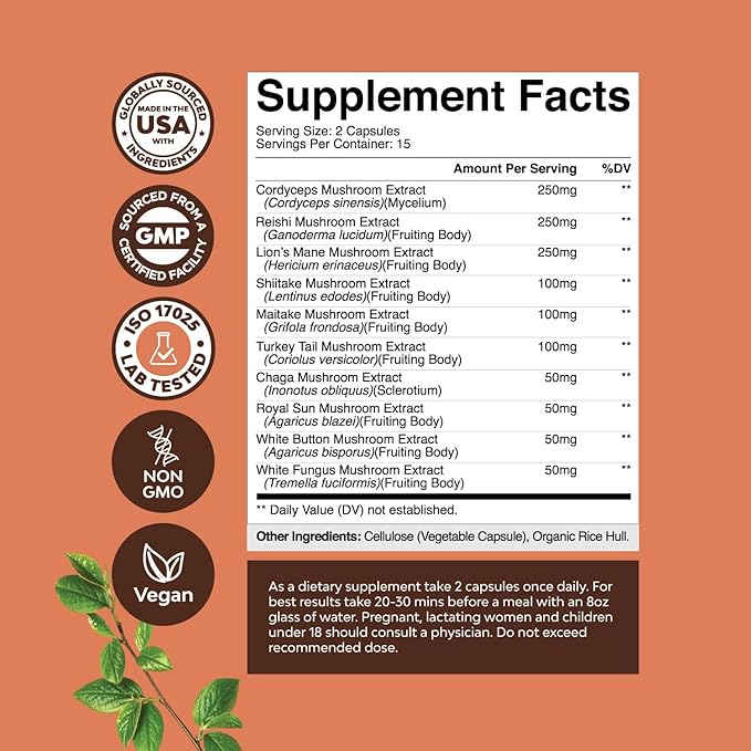 Advanced Mushroom Complex Capsules - 10X Lions Mane Supplement Capsules with Reishi, Chaga , Maitake & Shiitake for Brain Health, Memory Support & Focus - Nootropic for Mental Clarity - 30 Caps