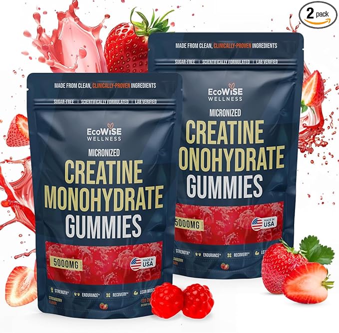 Creatine Monohydrate Gummies 5000 mg, Strawberry Flavor, 120 Sugar-Free Vegan Chews, Creatine Supplement for Daily Routine, Pack of 2