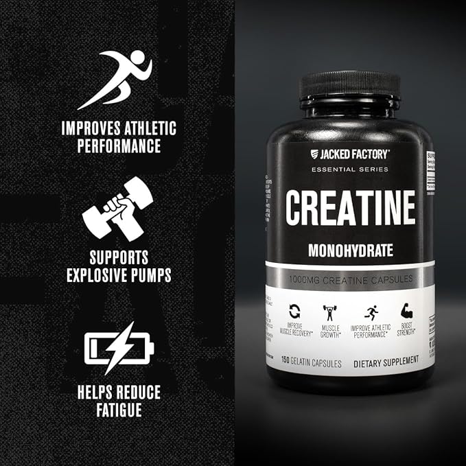 Jacked Factory Creatine Monohydrate Capsules - Creatine Pills for Muscle Growth, Increased Strength, Enhanced Energy Output and Improved Athletic Performance - 150 Capsules