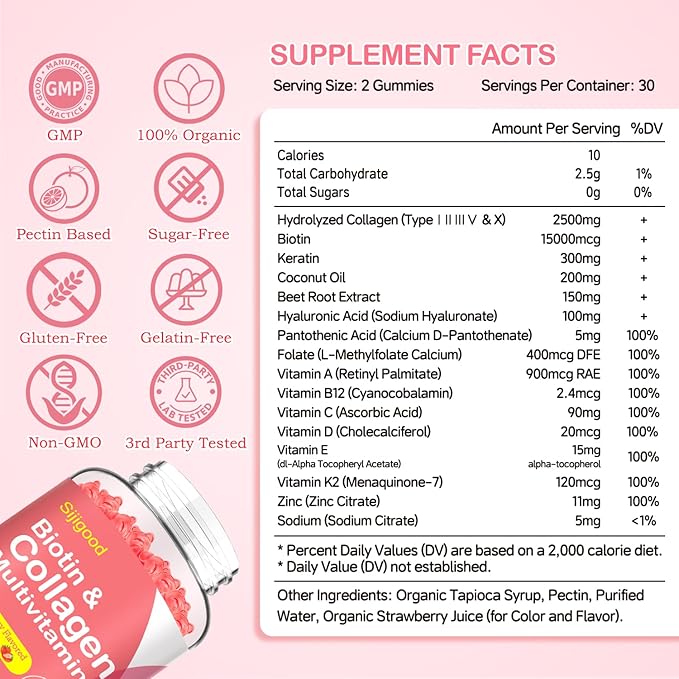 Collagen Gummies for Women Men, Women Over 50, Collagen Peptides Protein Type I,II,III,V,X with Biotin Keratin Vitamin C A D E B12 K2 for Skin Hair Nails Immunity Energy 60 Strawberry Flavored Gummies