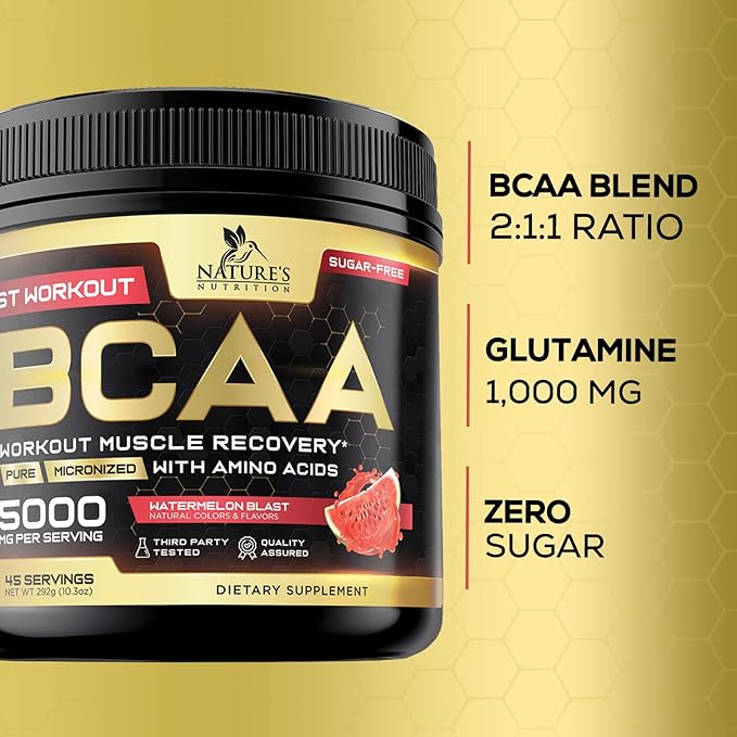 BCAA Powder 4g BCAA Amino Acids 2:1:1, 1g L-Glutamine, Vitamin B6 Complex - Energy Daily Powder Replenisher Post Workout - Muscle Recovery Support Drink for Men & Women, Sugar Free, Keto - 45 Servings