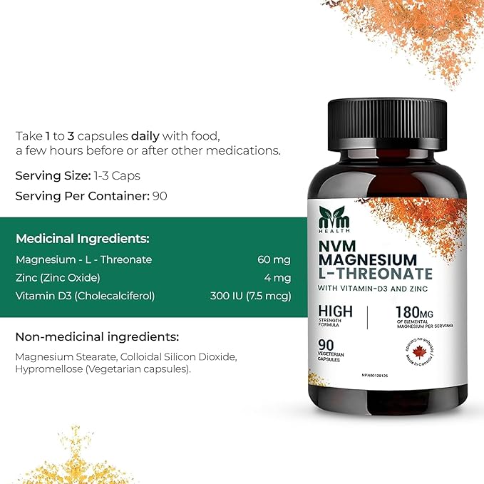 Magnesium l-threonate with Vitamin D3 and Zinc for Sleep Support, Muscle Functions, Electrolyte Balance and Immune Support I Gluten Free, Non- GMO, 90 Vegetarian Capsules