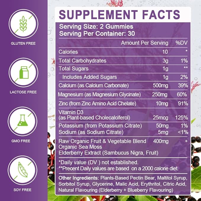 Calcium Magnesium Zinc Gummies with Vitamin D3 - High Absorption Complex Calcium Supplement with Sea Moss, Elderberry for Bone, Muscles, Immune, Mood & Sleep Support, Vegan - 60 Gummies