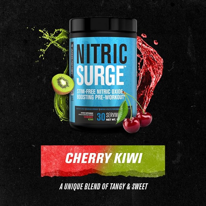 Jacked Factory Nitric Surge Stim Free Pre Workout Powder - Caffeine-Free Nitric Oxide Supplement w/Con-Cret Creatine, L Citrulline, & GlycerSize Glycerol - Cherry Kiwi, 30 Servings