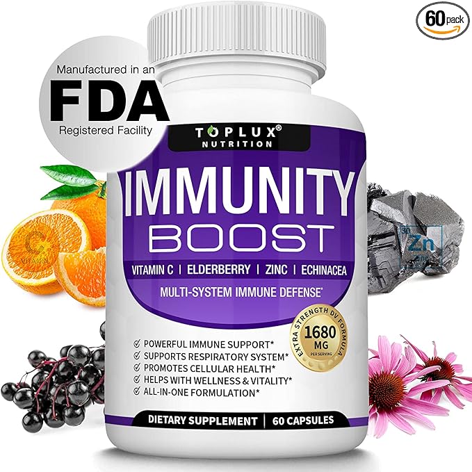 Immunity Boost Immune Support Supplement – 1650mg 10 in 1 Blend with Elderberry, Vitamin C, Zinc, Echinacea & Probiotics for Immune System Defense, Support Healthy Respiratory System, 60 Capsules