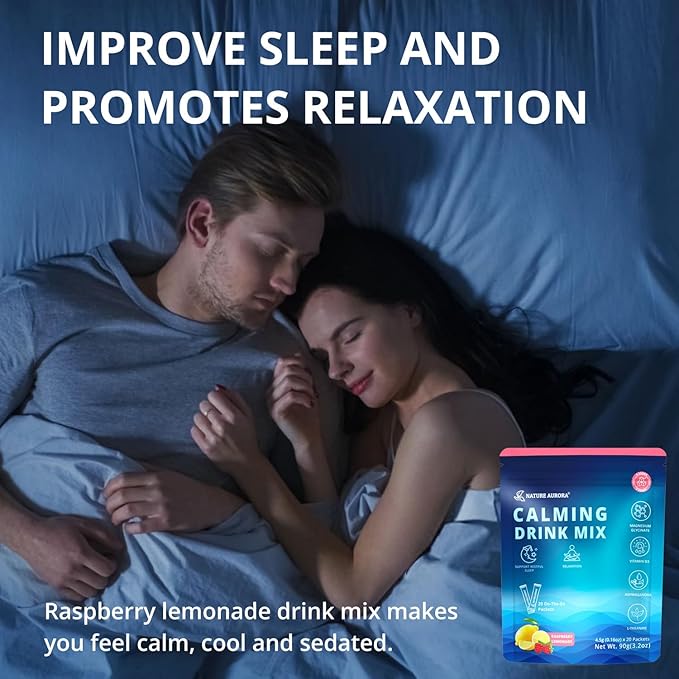 Powdered Drink Mix Calm - Adaptogenic Drink Mix with Magnesium Glycinate, Ashwagandha, Vitamin D, L-Theanine - Sleep Aid, Calm, Relax & Focus - Vegan, No Sugar- Raspberry Lemonade - 20 Sticks