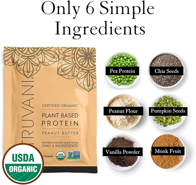 Truvani Vegan Pea Protein Powder | Peanut Butter | 32.7g Organic Plant Based Protein | 1 Serving | Keto | Gluten & Dairy Free | Low Carb | No Added Sugar