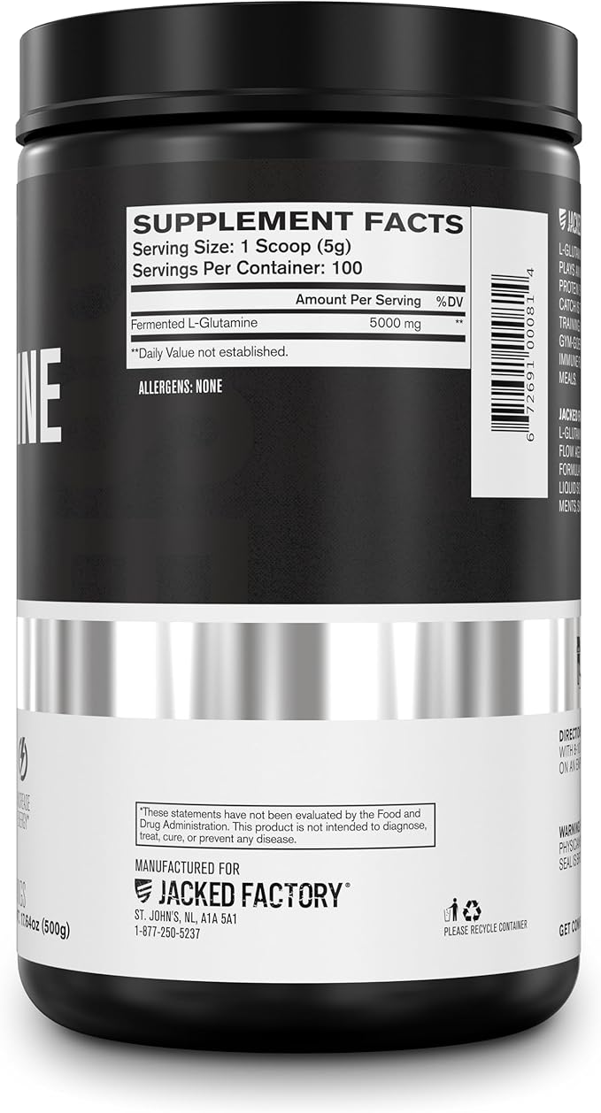 Jacked Factory L-Glutamine Powder 100 Servings - Vegan Fermented L Glutamine Supplement for Post Workout Muscle Recovery, Immunity, Digestive Health | No Artificial Filler - Unflavored