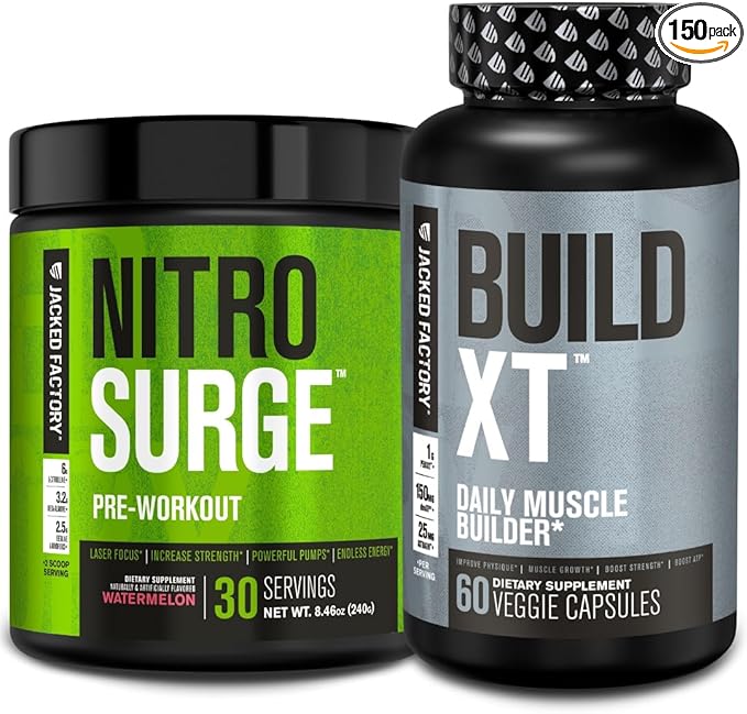 Jacked Factory Nitrosurge Pre-Workout in Watermelon & Build XT Muscle Building Bundle for Men & Women
