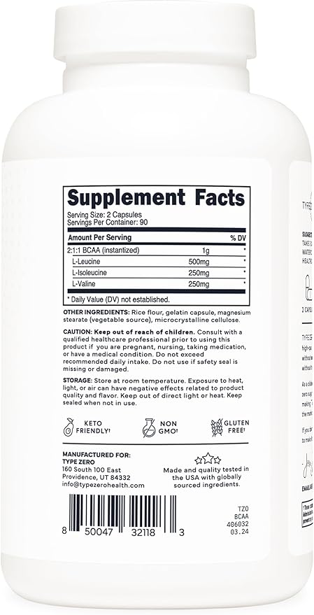 Type Zero BCAA 1000mg (180 Capsules, 90 Servings), Branched Chain Amino Acids (500mg of L-Leucine, 1000mg of L-Isoleucine and L-Valine)