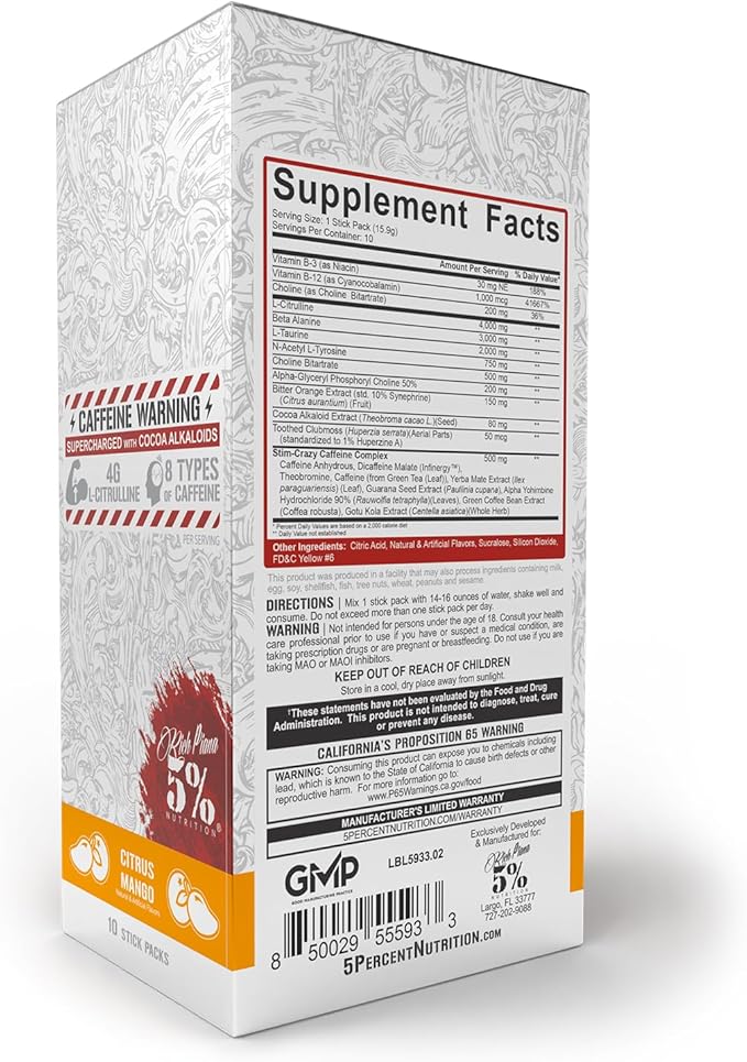 5% Nutrition Rich Piana 5150 High Stim Pre-Workout Powder Packets | Extreme Energy, Focus, Pumps & Endurance | 513 mg Caffeine Complex, Citrulline, Beta Alanine, L-Tyrosine (Citrus Mango) (10 Count)